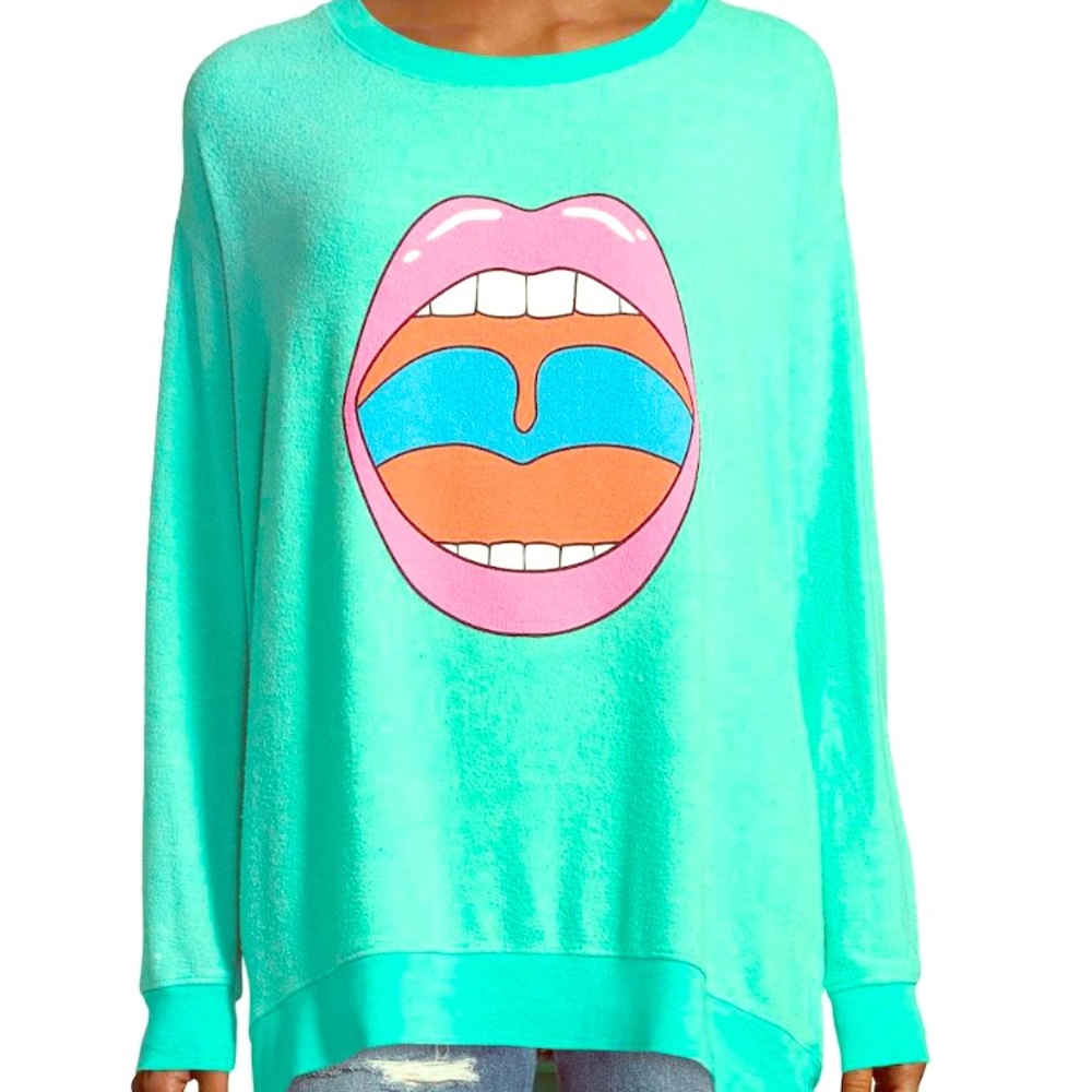 Wildfox Aqua Turquoise Pullover Sweatshirt with Pink & Orange Graphic